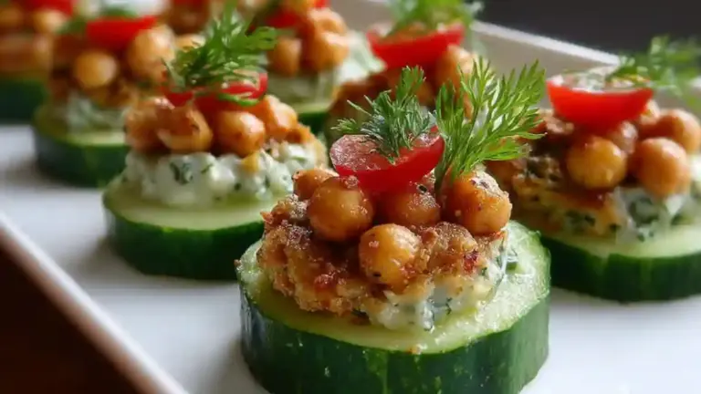 Chickpea cucumber bites garnished and ready to serve on a platter