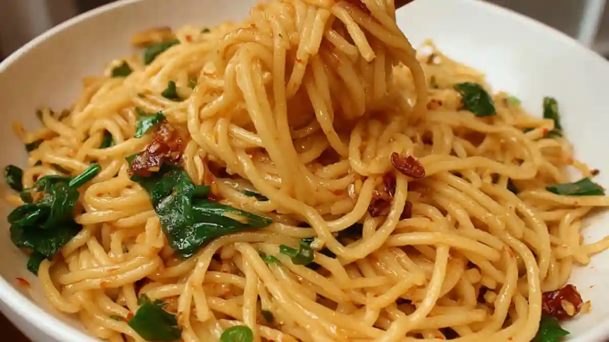 Delicious bowl of Chili Garlic Noodles garnished with fresh chilies and garlic