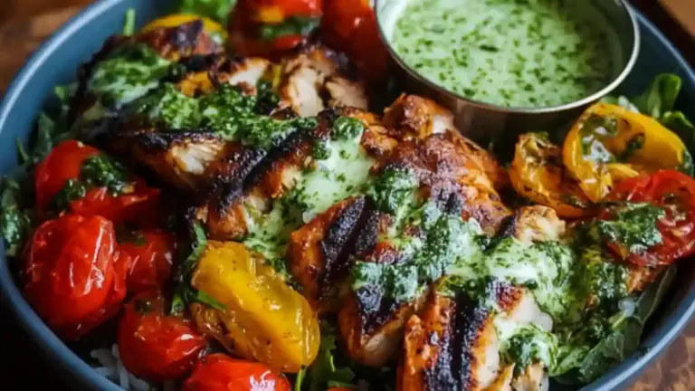 Chimichurri grilled chicken bowl with garlic sauce served in a vibrant dish.