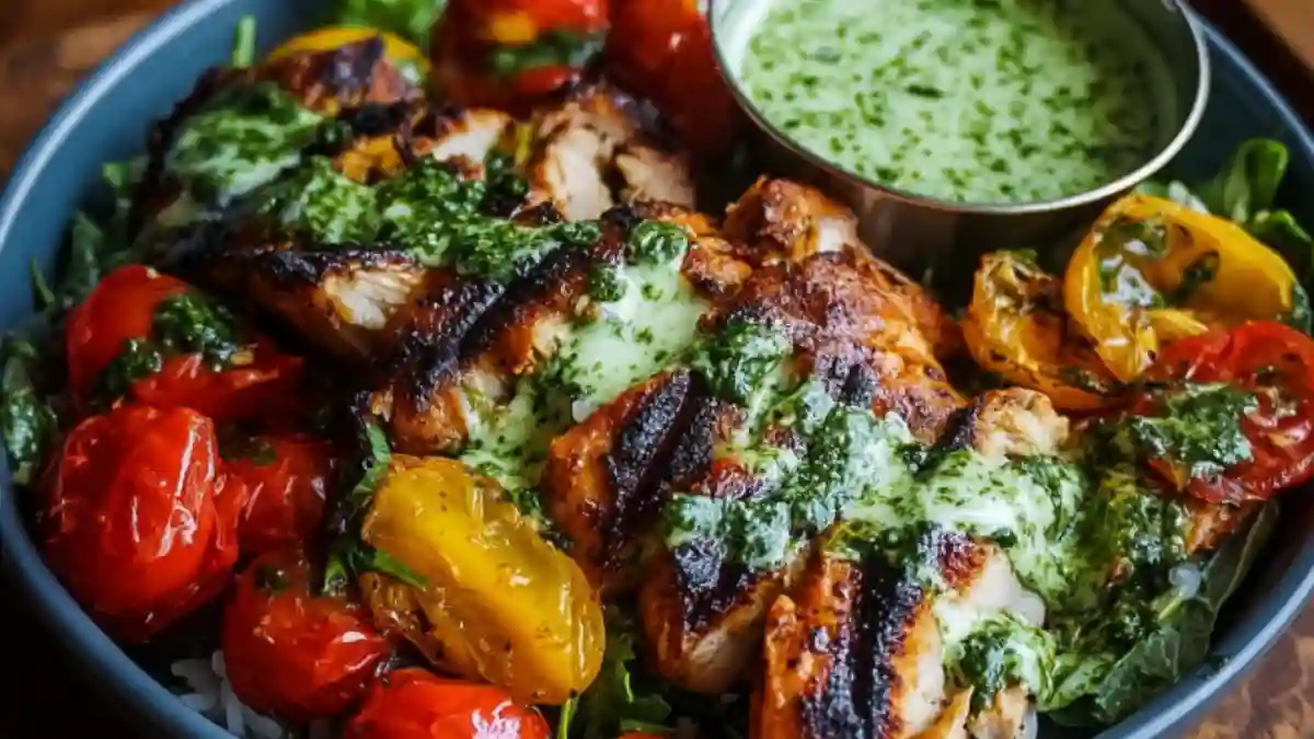 Chimichurri grilled chicken bowl with garlic sauce served in a vibrant dish.