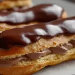 Delicious homemade chocolate eclairs topped with rich chocolate glaze