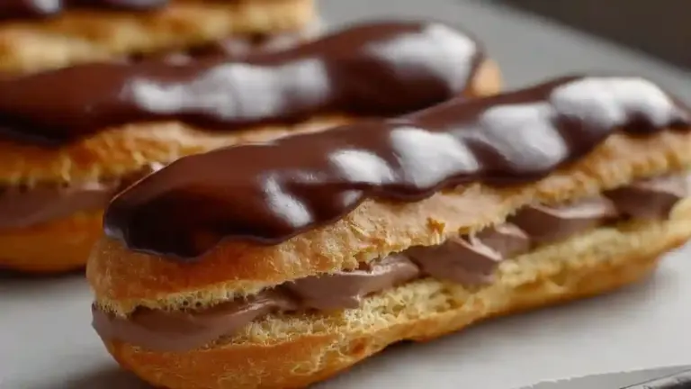 Delicious homemade chocolate eclairs topped with rich chocolate glaze