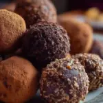 Delicious chocolate truffle balls on a decorative plate.