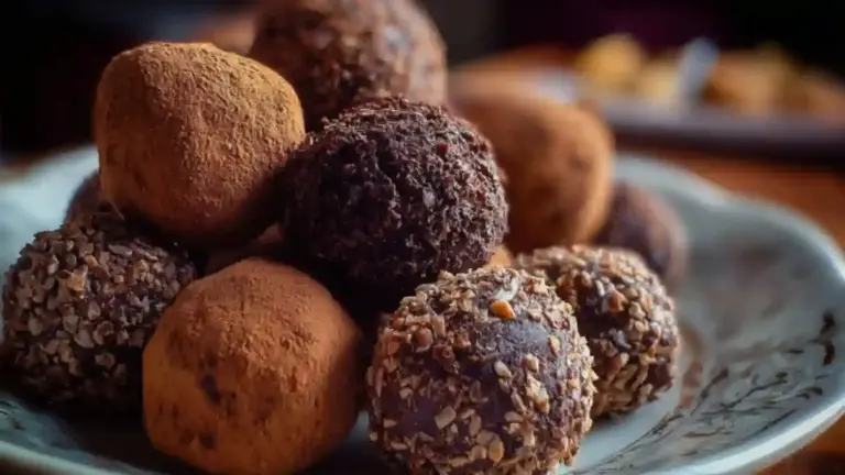 Delicious chocolate truffle balls on a decorative plate.