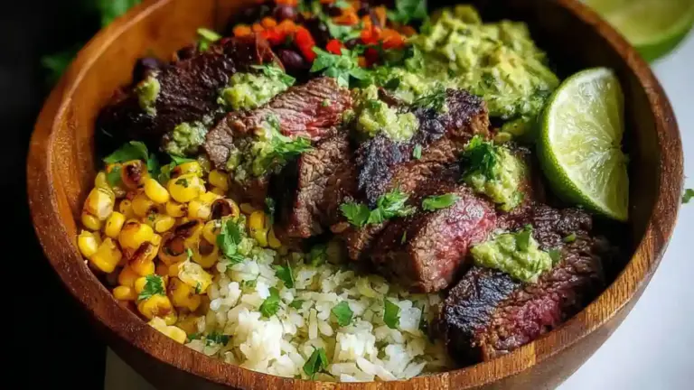 Cilantro Lime Steak Bowls with fresh ingredients served in a bowl