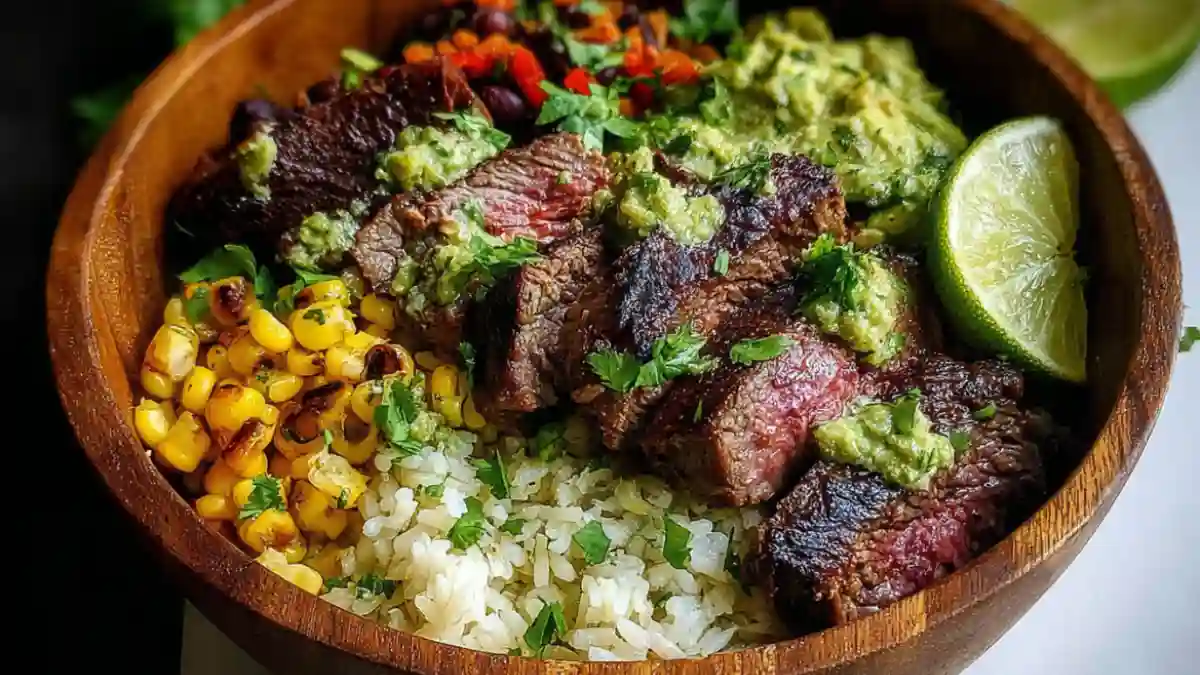 Cilantro Lime Steak Bowls with fresh ingredients served in a bowl