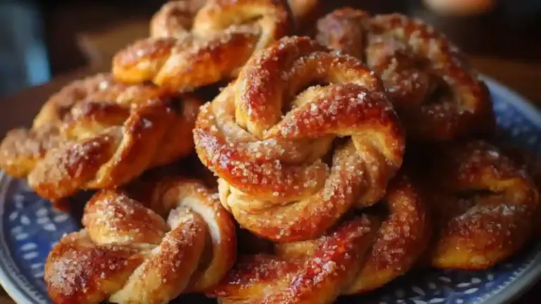Golden brown cinnamon sugar pretzel twists ready for snacking.