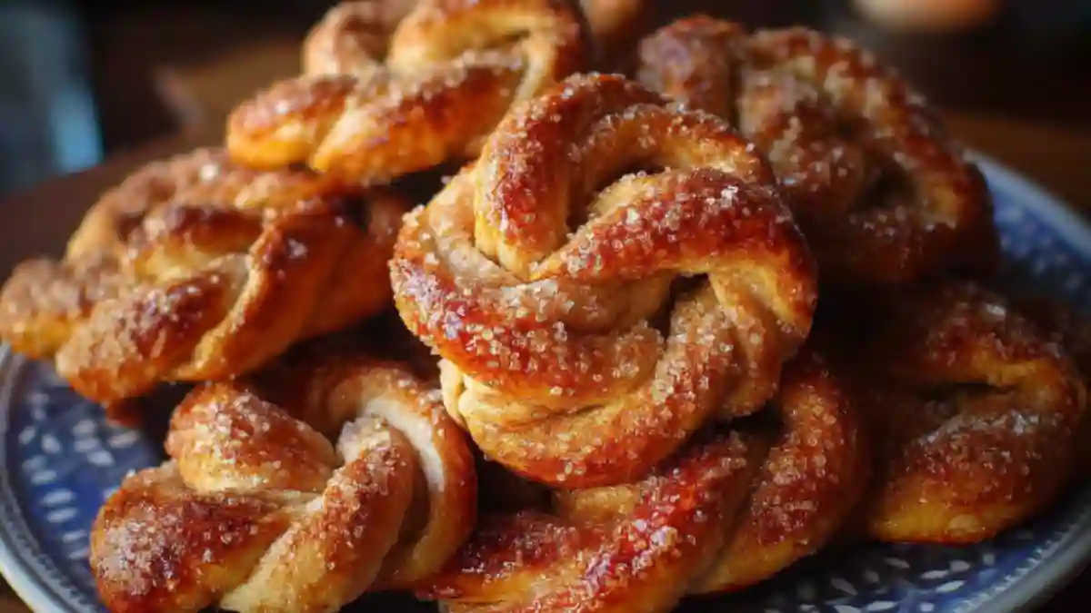 Golden brown cinnamon sugar pretzel twists ready for snacking.