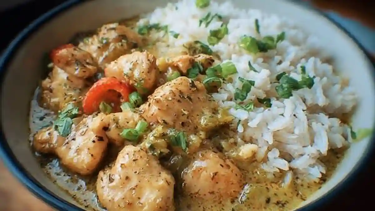 Delicious Coconut Chicken served with rice garnished with fresh herbs