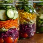 Colorful veggie mason jar salads layered with fresh vegetables