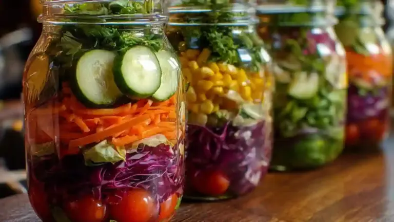Colorful veggie mason jar salads layered with fresh vegetables