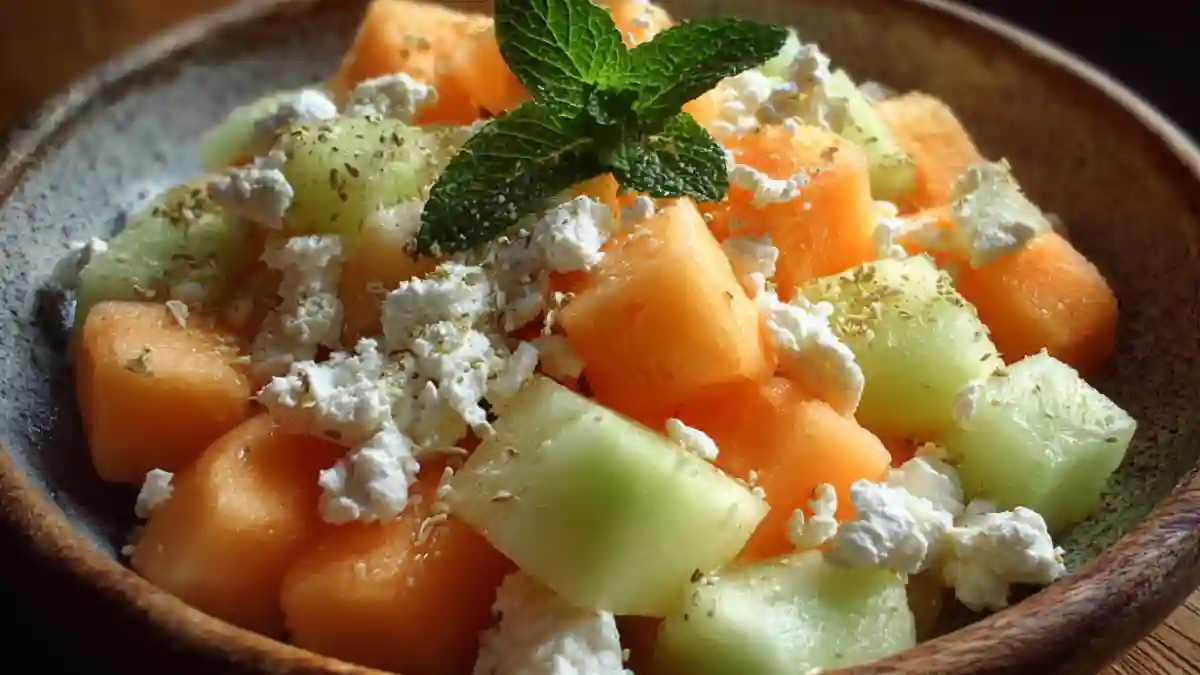 Cottage Cheese Melon Salad with colorful fruits and creamy texture