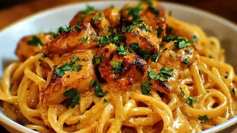 Delicious Cowboy Butter Chicken Linguine garnished with herbs and spices