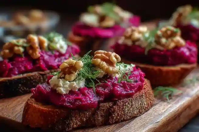 Creamy Beet and Walnut Spread Crostini