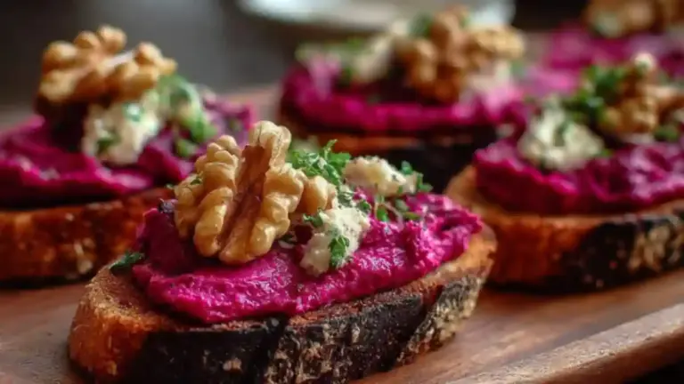 Creamy beet and walnut spread crostini topped with fresh herbs