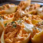 Creamy buffalo chicken stuffed shells topped with cheese and herbs