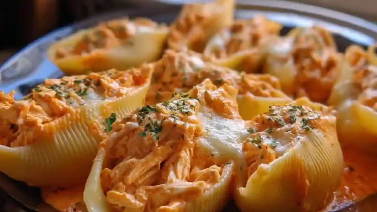 Creamy buffalo chicken stuffed shells topped with cheese and herbs