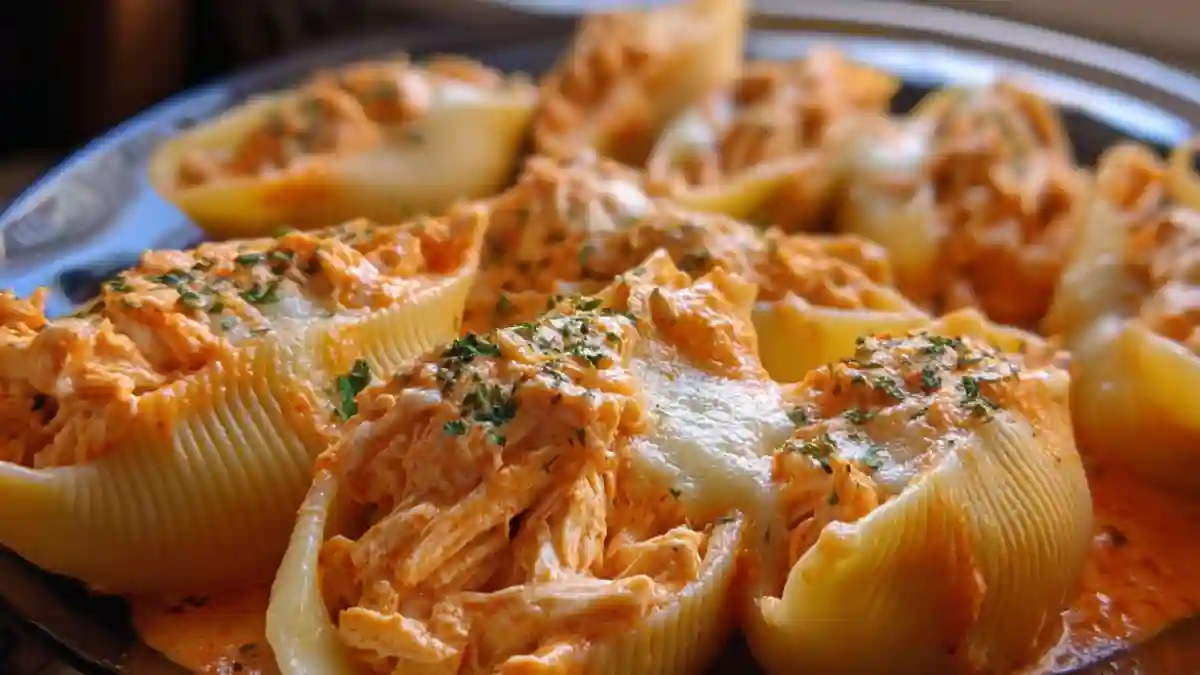 Creamy buffalo chicken stuffed shells topped with cheese and herbs