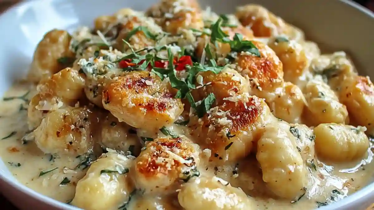 Creamy Crack Chicken Gnocchi served in a bowl with fresh herbs.