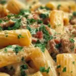 Creamy Italian sausage rigatoni served with fresh herbs in a bowl