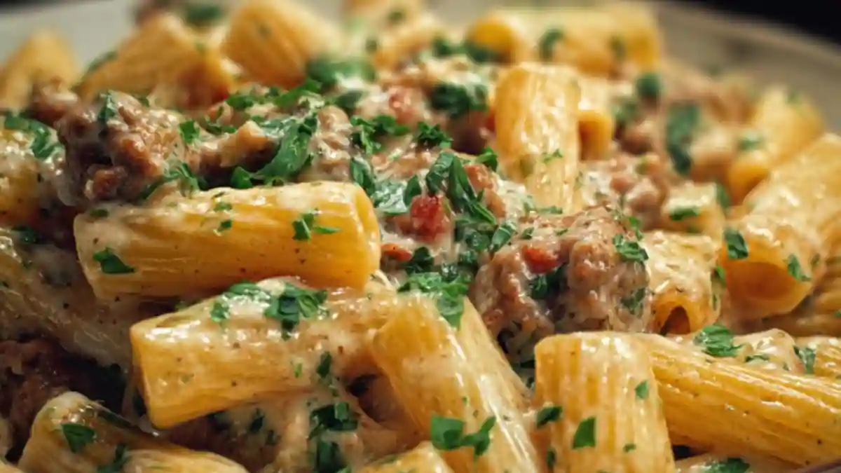 Creamy Italian sausage rigatoni served with fresh herbs in a bowl