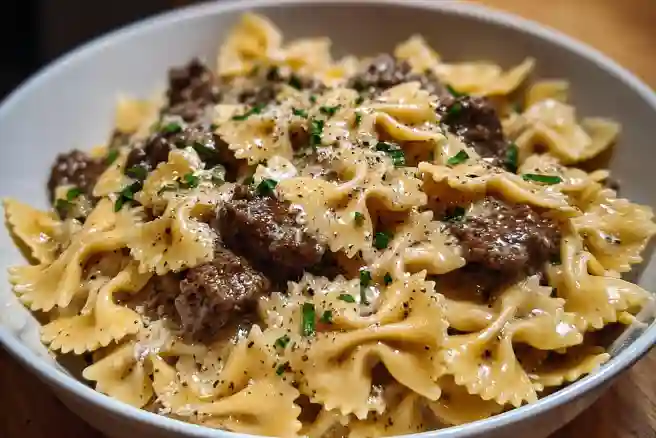 Creamy Parmesan Garlic Beef Bowtie Pasta