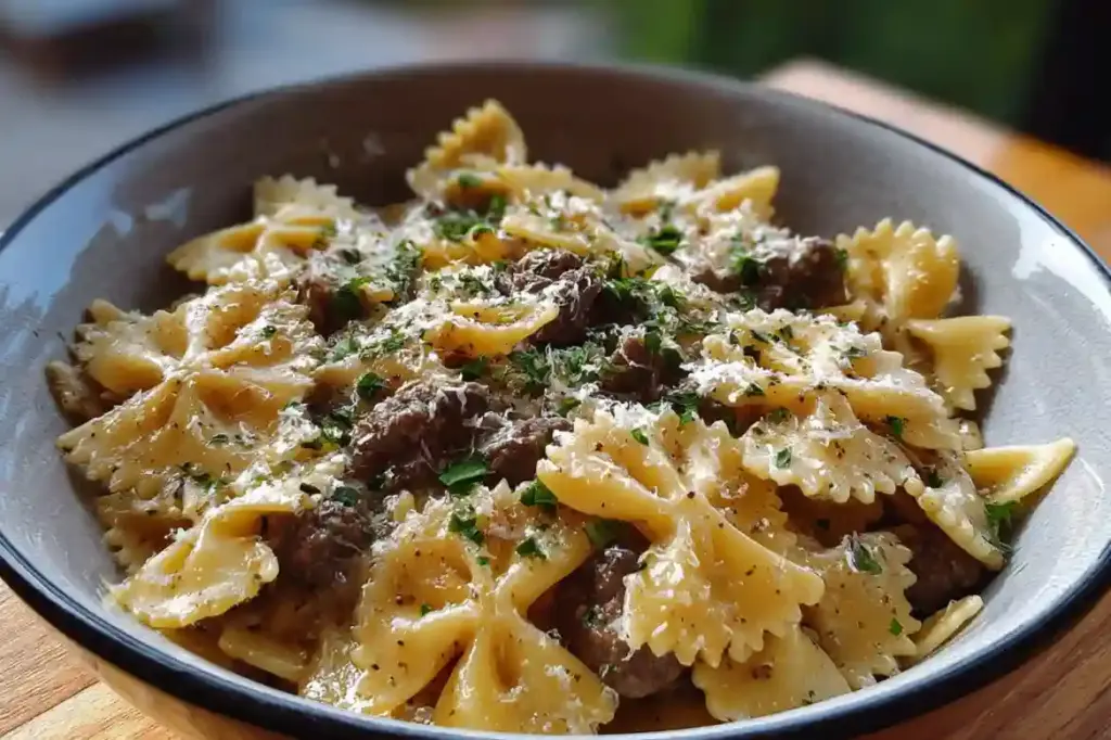 Creamy Parmesan Garlic Beef Bowtie Pasta
