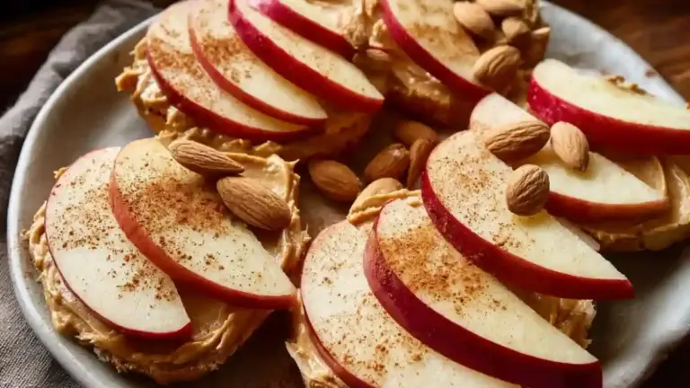 Crisp apple slices served with almond butter on a wooden table