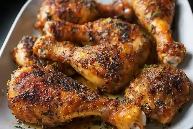 Crispy baked chicken legs served on a plate with herbs