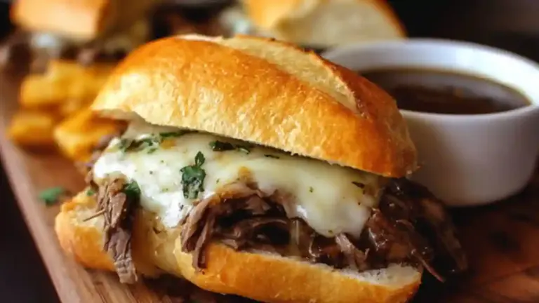 Delicious Crock Pot French dip sandwiches served with au jus dip