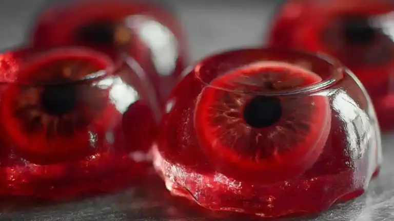 Spooky Eyeball Jell-O cups decorated for Halloween