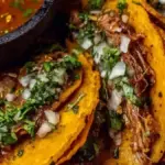 Plate of flavorful birria tacos served with consomme for dipping.