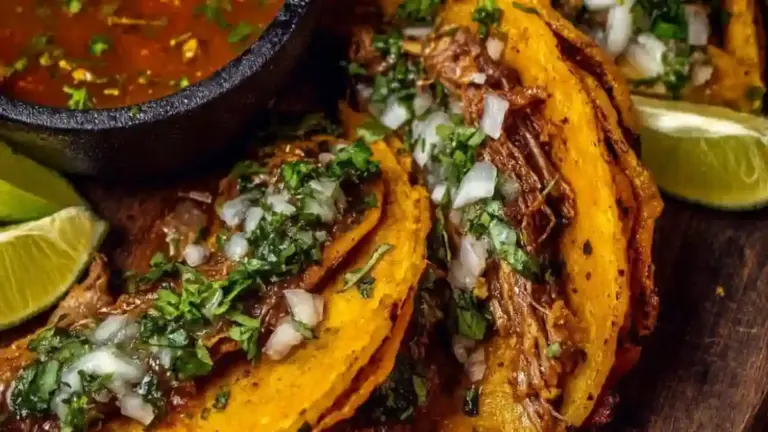 Plate of flavorful birria tacos served with consomme for dipping.