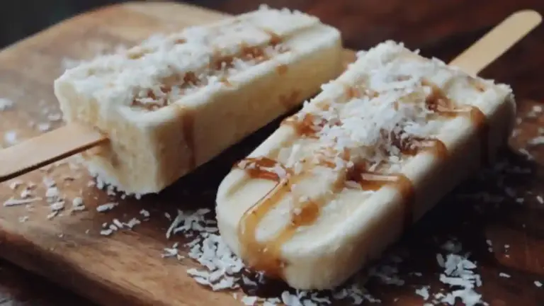 Delicious frozen banana coconut pops garnished with coconut flakes