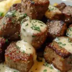 Garlic Butter Steak Bites served with Creamy Parmesan Sauce on a plate