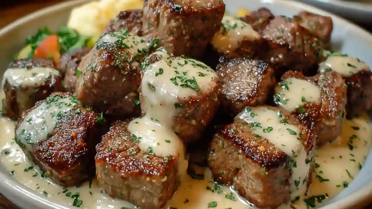 Garlic Butter Steak Bites served with Creamy Parmesan Sauce on a plate