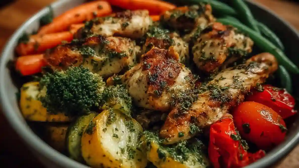 Delicious Garlic Herb Chicken served with fresh veggies in a bowl