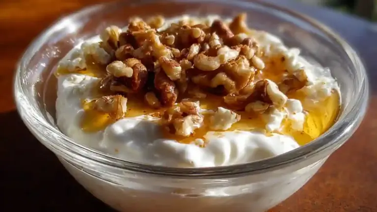 Bowl of Greek yogurt with honey and nuts garnished on top