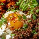 Delicious Ground Beef Hot Honey Bowl with toppings and a savory-sweet glaze.