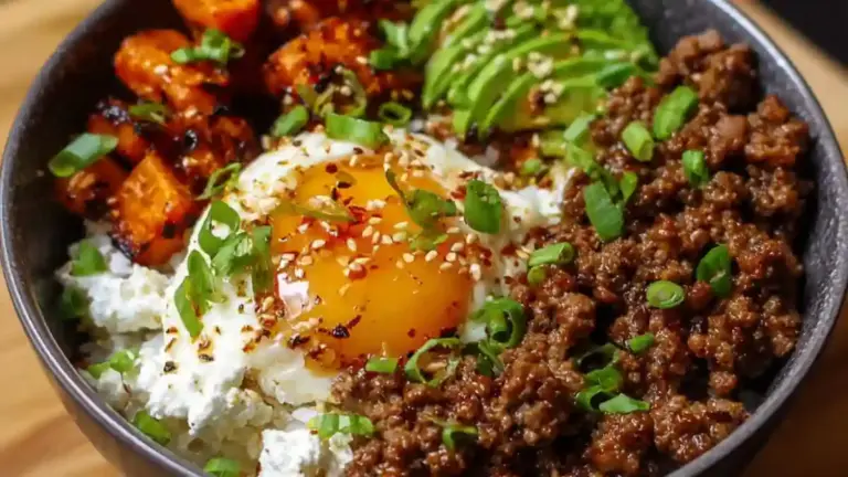 Delicious Ground Beef Hot Honey Bowl with toppings and a savory-sweet glaze.