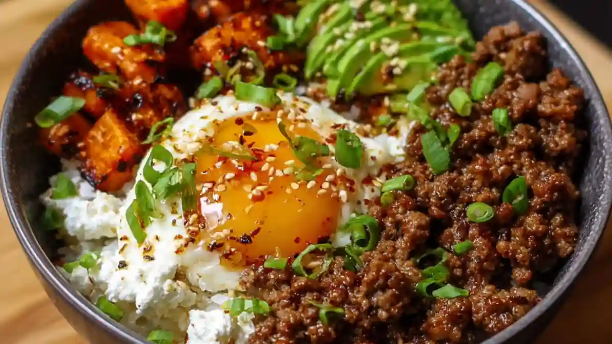 Delicious Ground Beef Hot Honey Bowl with toppings and a savory-sweet glaze.