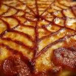 Halloween Spider Web Pizza decorated with mozzarella and black olives