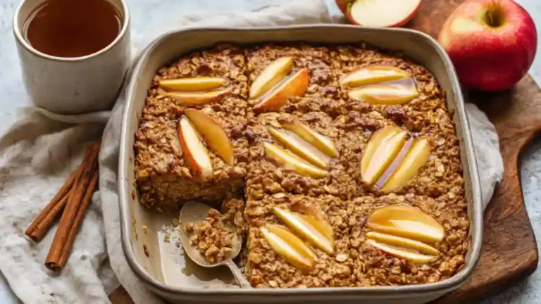 Healthy apple cinnamon baked oatmeal in a casserole dish topped with apple slices