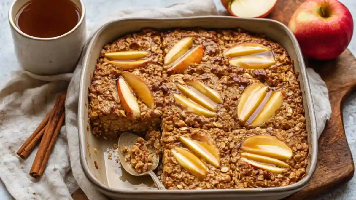 Healthy apple cinnamon baked oatmeal in a casserole dish topped with apple slices