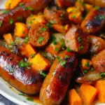 Honey garlic sausage served with roasted sweet potatoes