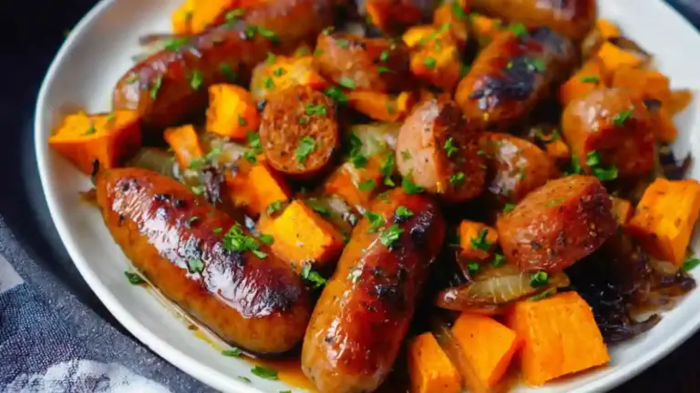Honey garlic sausage served with roasted sweet potatoes