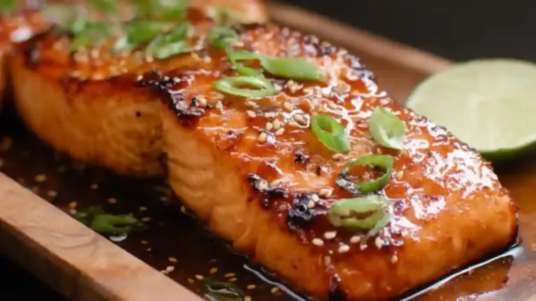 Honey Sriracha Glazed Salmon dish garnished with herbs