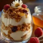 Honey Yogurt Parfait with granola layered in a clear glass