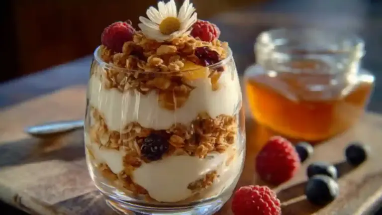 Honey Yogurt Parfait with granola layered in a clear glass