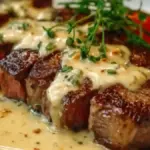 Juicy ribeye steak topped with creamy garlic sauce on a plate